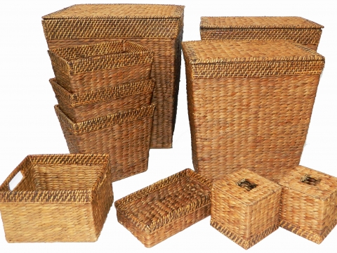 10pc rectangular water hyacinth baskets with rattan rim